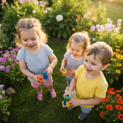 Children playing with various wooden toys, clean image, no text