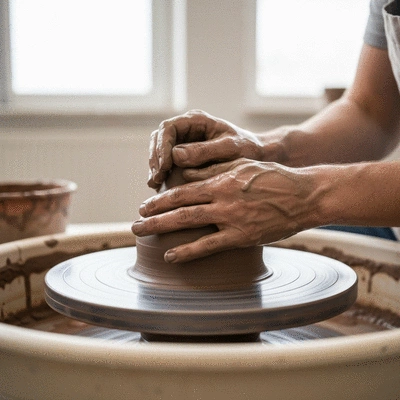 Hands crafting a wooden toy with tools, bright workshop, no text