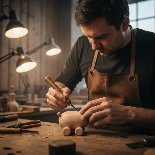 Expert hands carving a wooden toy, showcasing unmatched craftsmanship