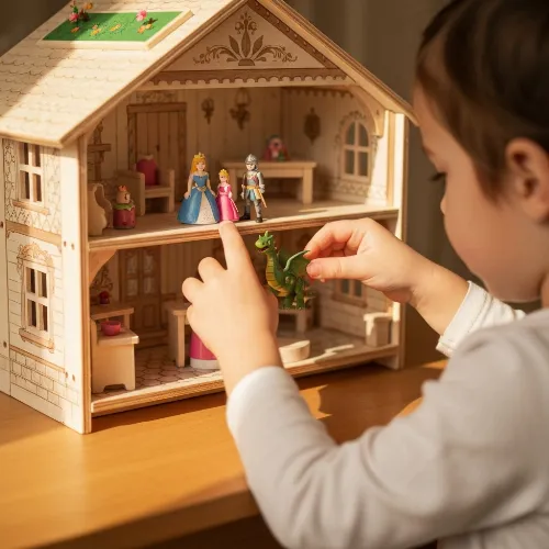 Child immersed in imaginative play with a wooden dollhouse