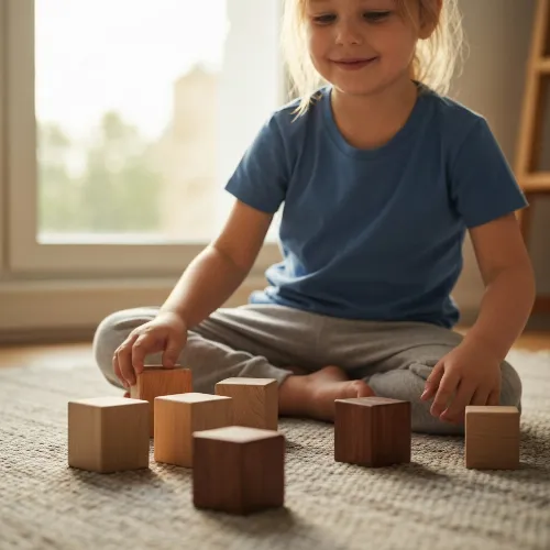 Child playing with eco-friendly wooden blocks, symbolizing sustainable and safe materials